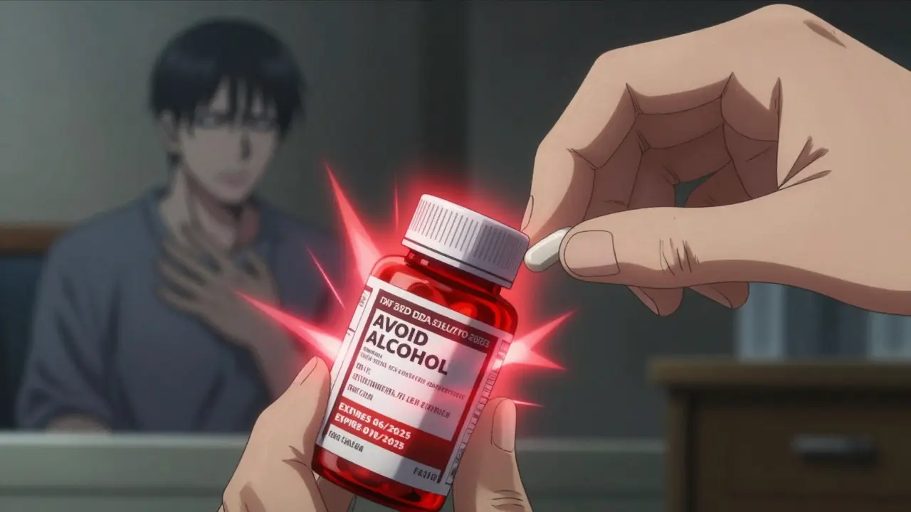 A hand placing a pill in an organizer while a glowing label with safety warnings prevents a past mistake.