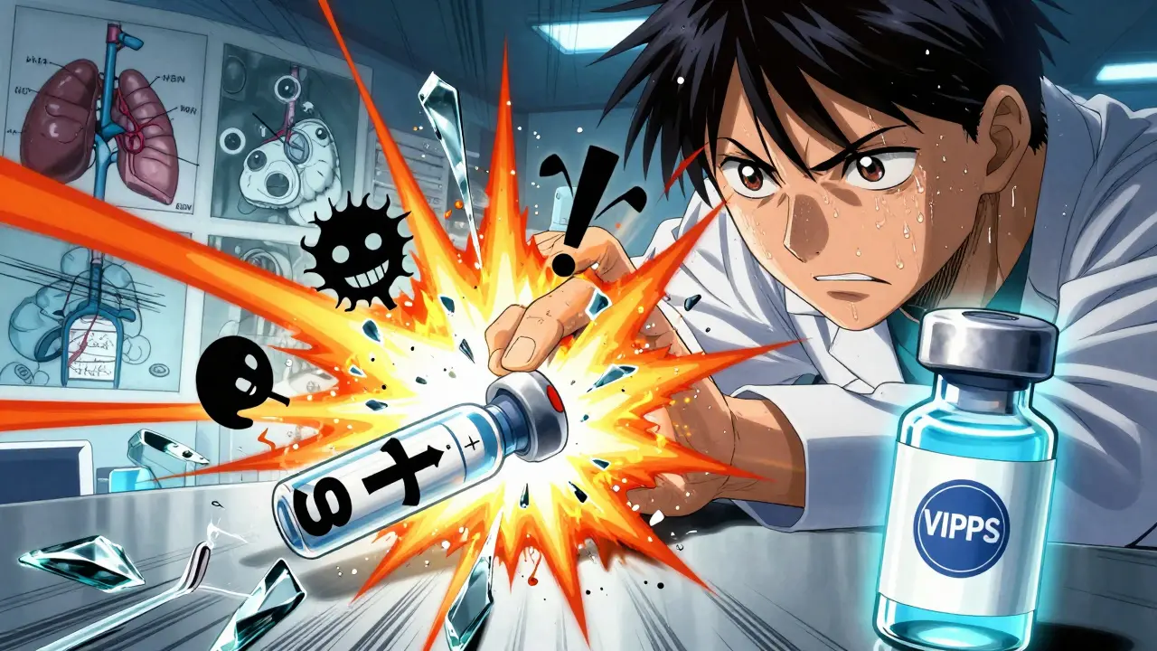 A hand smashes a fake insulin vial, releasing toxic symbols, while a legitimate vial glows nearby.