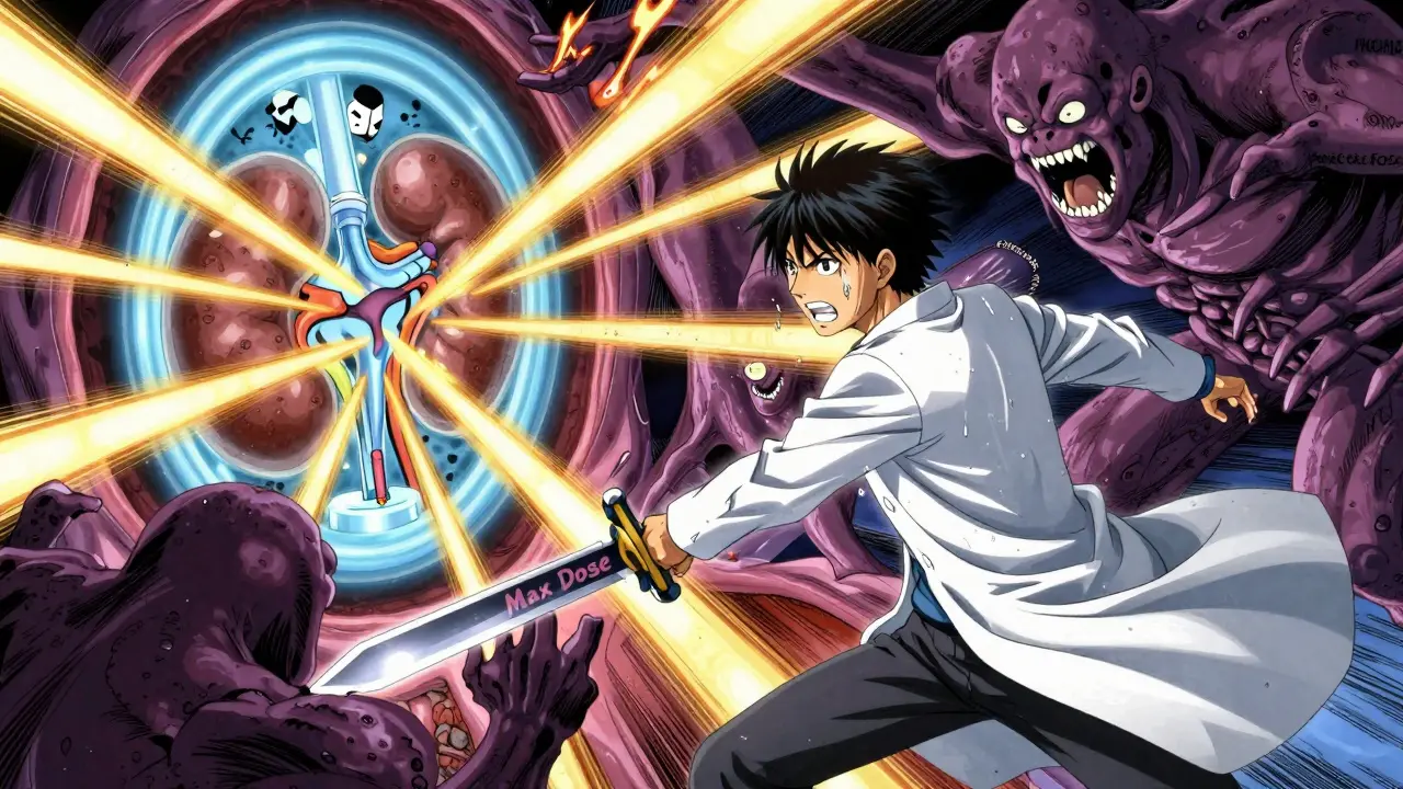 A heroic doctor battles kidney-damaging monsters with a 'Max Dose' sword inside a glowing glomerulus.
