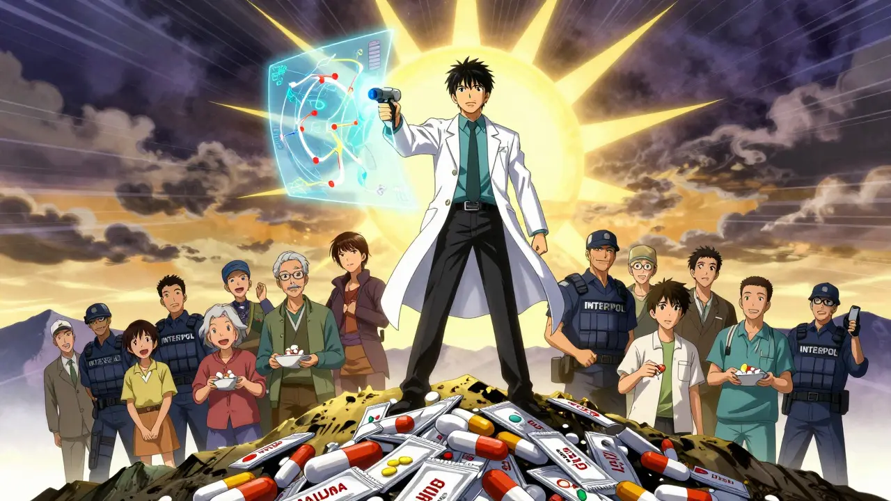 A heroic pharmacist stands atop seized counterfeit drugs, projecting a global map of drug trafficking routes being shut down.