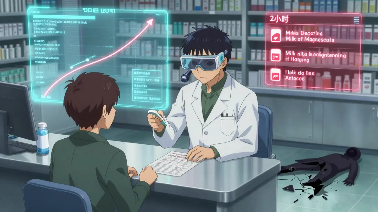 A pharmacist uses a high-tech scanner to reveal dangerous magnesium interactions in medications, with a hologram of bone health.