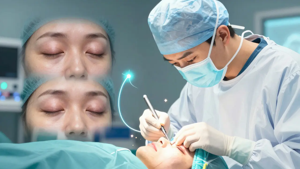 A surgeon performing eyelid repair surgery with glowing sutures, showing the lid being repositioned.