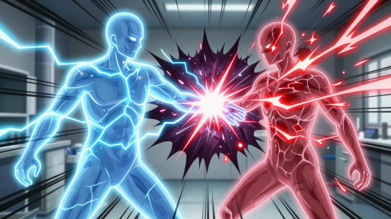 Abstract blue and red energy forces clashing inside a stylized human outline.