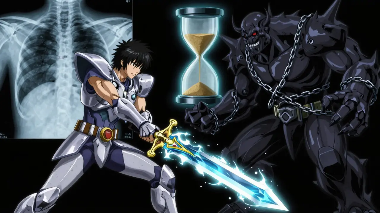 An armored warrior representing bisphosphonate battles a shadowy magnesium monster, with an X-ray skeleton showing fractures.