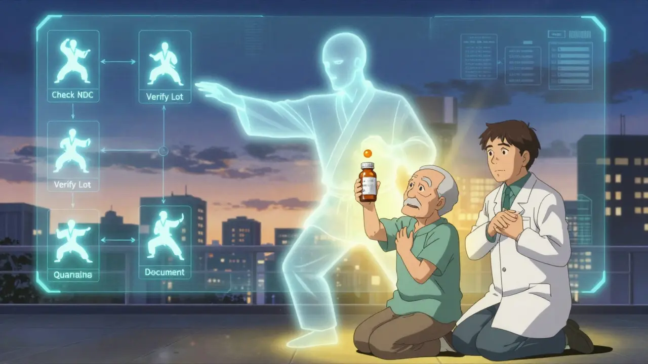 An elderly patient and pharmacist beside a holographic recall verification flowchart.
