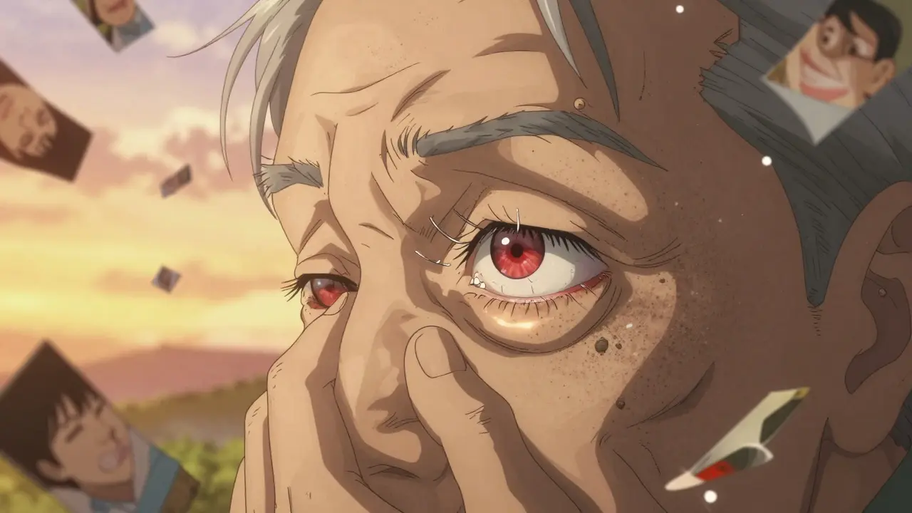 An elderly person with an inward-turning eyelid causing lashes to scratch the eye, tears and grit visible.