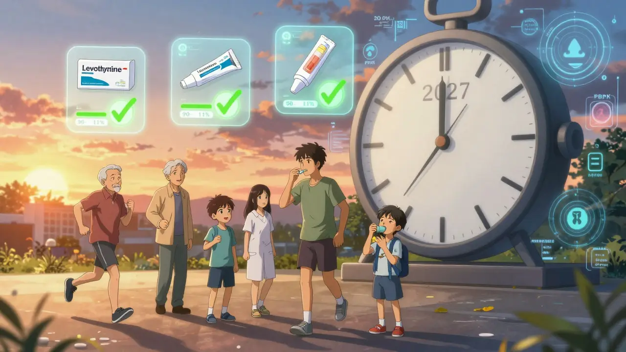 Diverse patients benefit from generics with floating bioequivalence bars, under a futuristic testing clock.