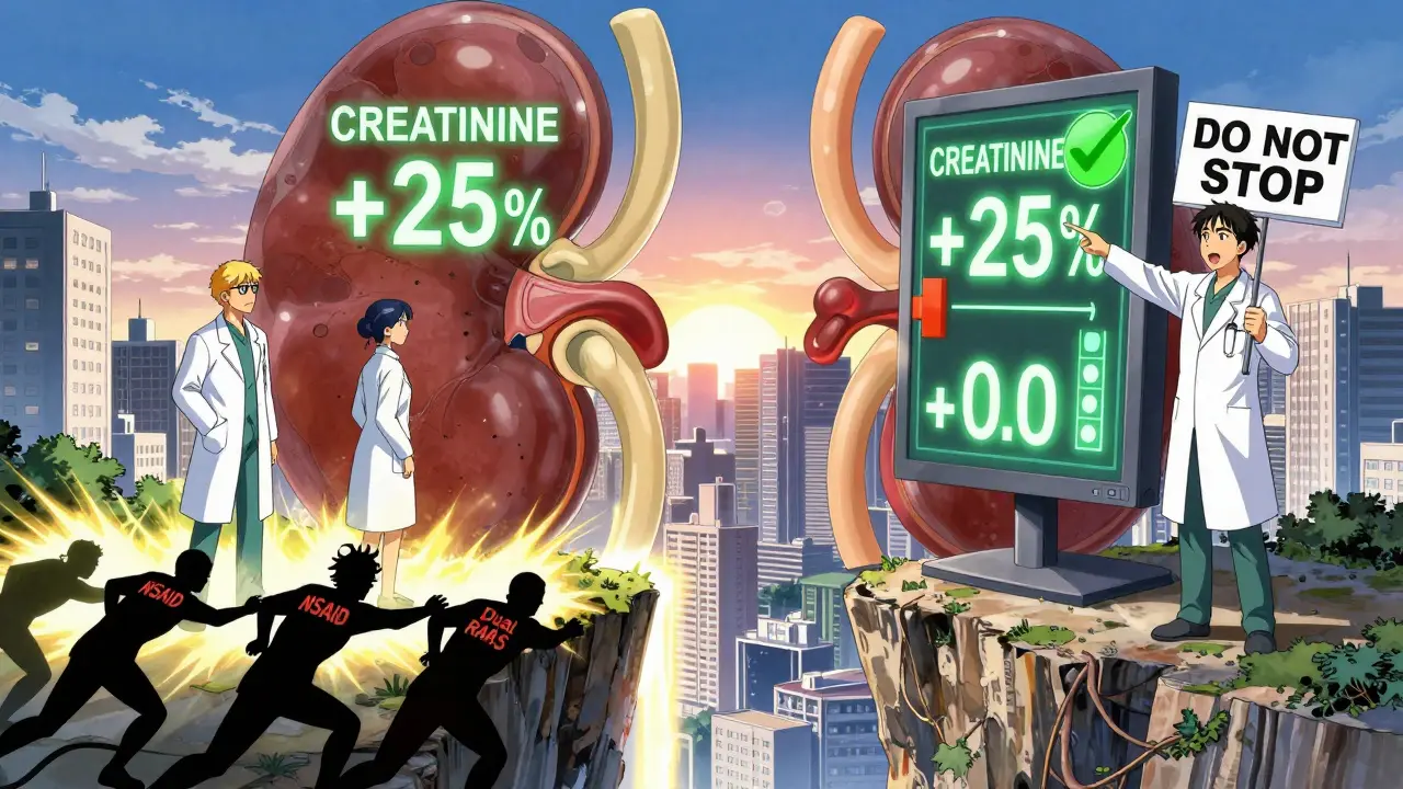 Doctors stand on a kidney-shaped city cliff as proteinuria levels drop, pushing harmful drugs off a cliff.