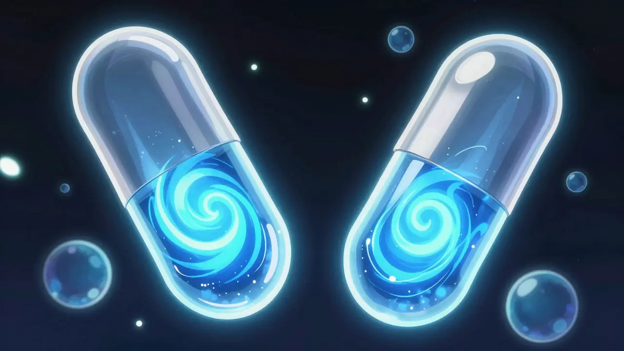 Floating capsules showing identical energy cores representing bioequivalence