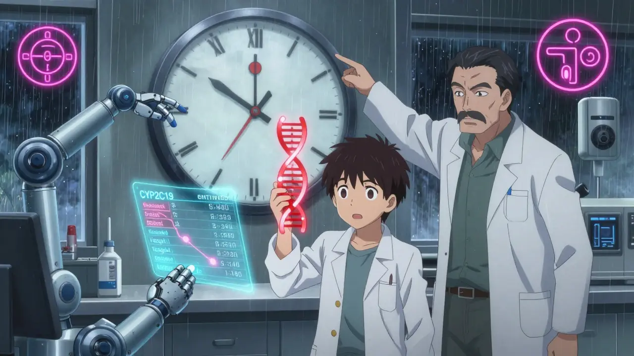 Genetic testing scene with glowing DNA mutation and holographic enzyme inhibition chart.