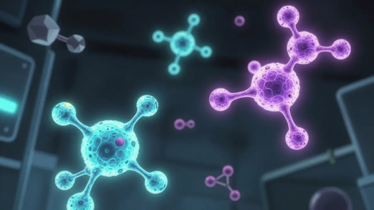 Glowing complex protein molecules shown in anime science art.