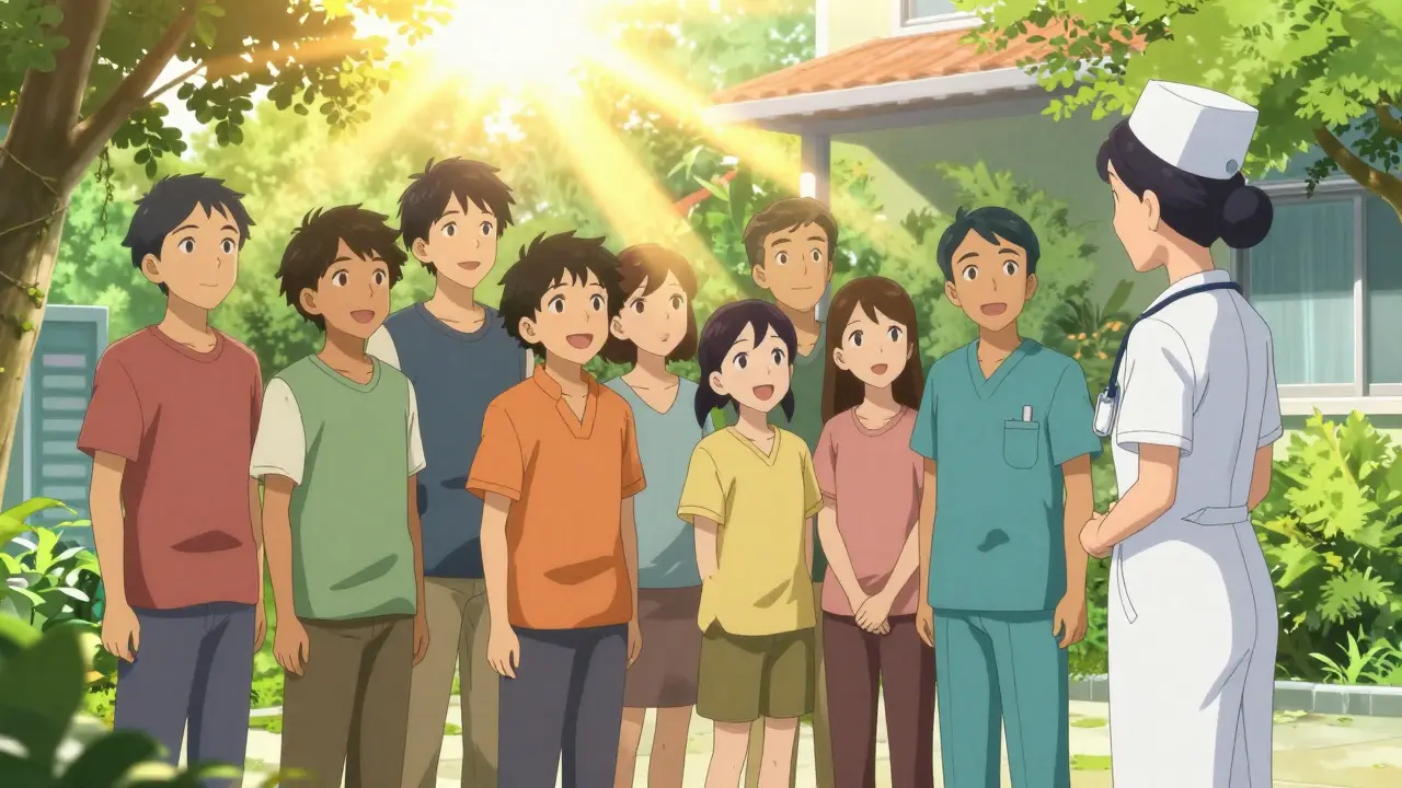Hopeful patients and nurses standing in sunny courtyard.
