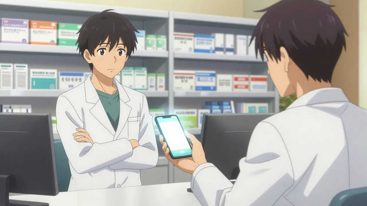 Patient showing glowing phone to pharmacist for safety check in manga style.