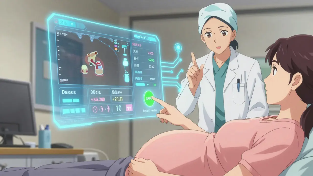 Pregnant woman interacting with a medical data interface showing medication safety in anime style