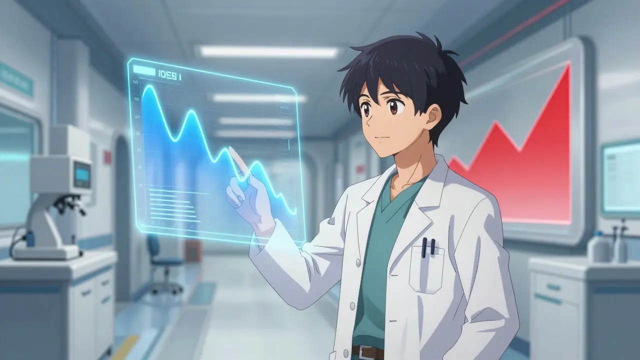 Specialist reviewing medical cost data in a futuristic lab environment