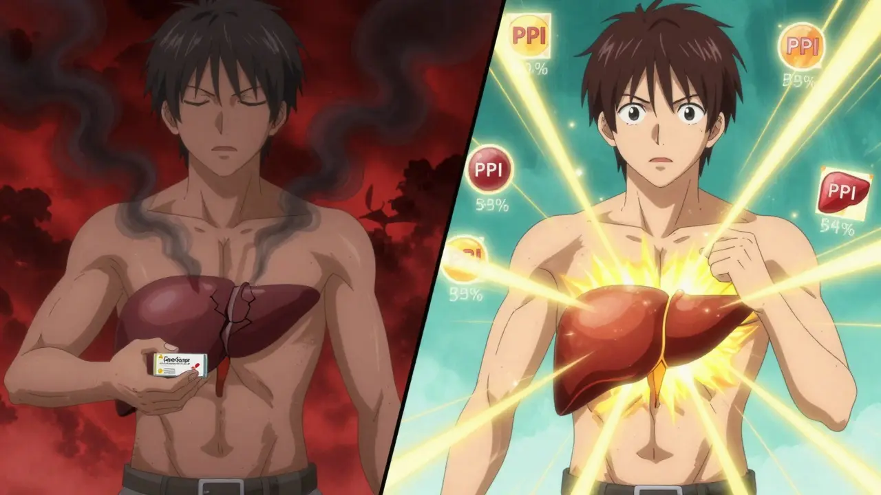 Split-panel anime: dark heart from omeprazole vs. glowing heart with safe pantoprazole.