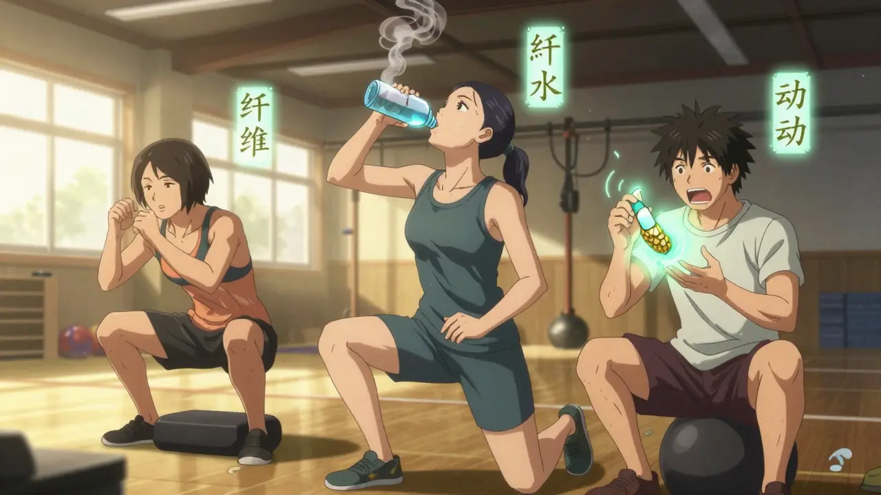 Three people exercising with water bottles and footstools in a training dojo, with floating health symbols.
