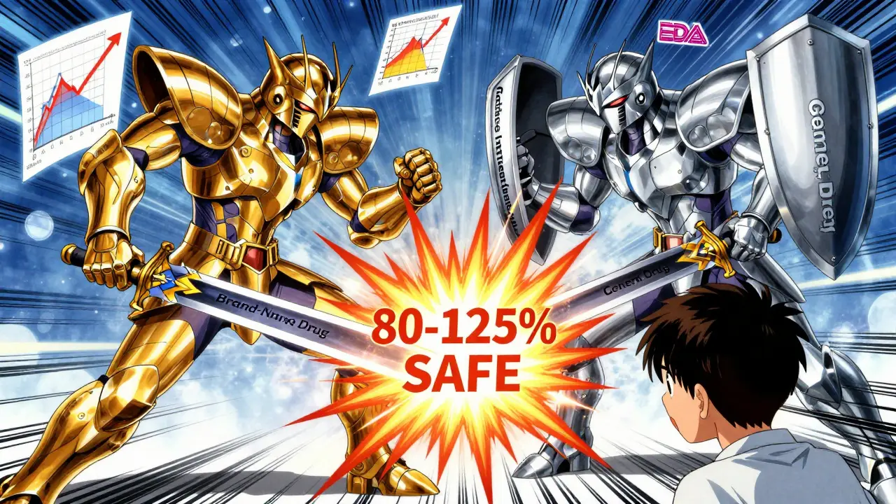 Two giant drug entities battle with matching swords, forming a '80-125% SAFE' light burst in anime style.