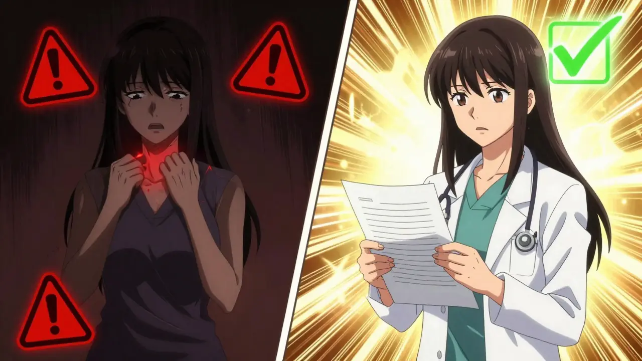 Woman choosing safety over fear during pregnancy, with contrasting dark and light panels in anime style