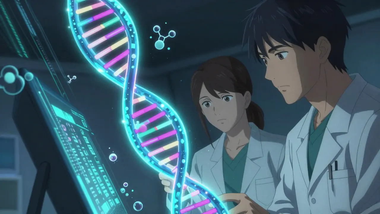 A futuristic DNA helix and digital data representing personalized medicine