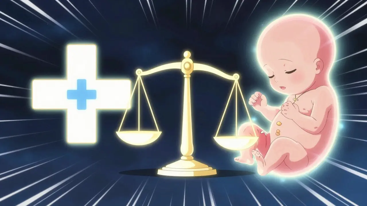 A glowing scale balancing adult health stability and fetal safety