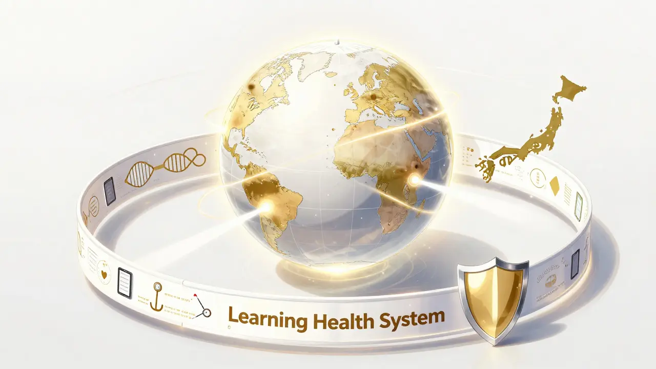 A stylized anime globe connected by a glowing loop of medical data and global networks.