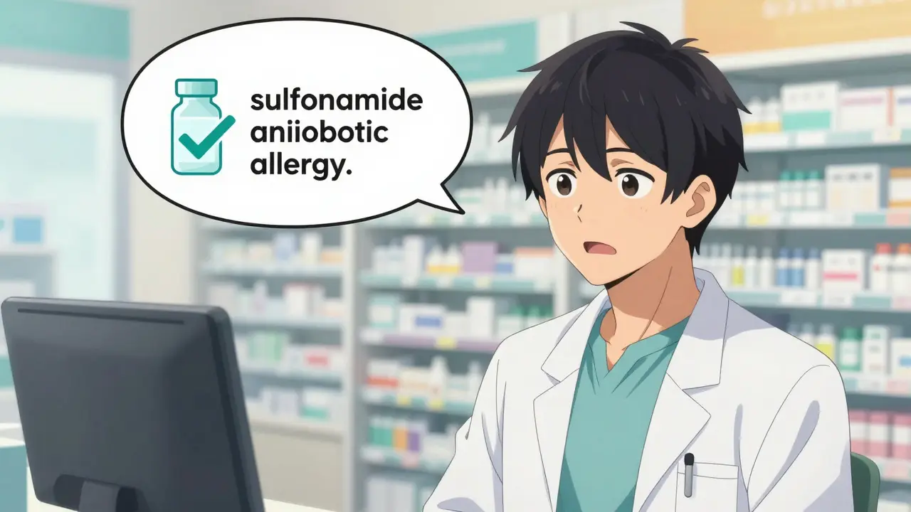 Anime character confidently explaining their specific sulfa antibiotic allergy to a pharmacist.