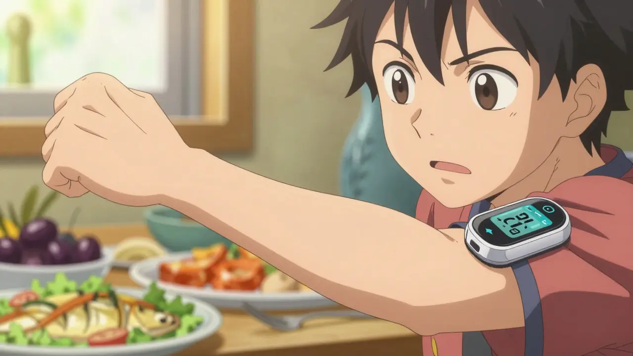Anime character wearing a CGM sensor with a Mediterranean meal in the background.