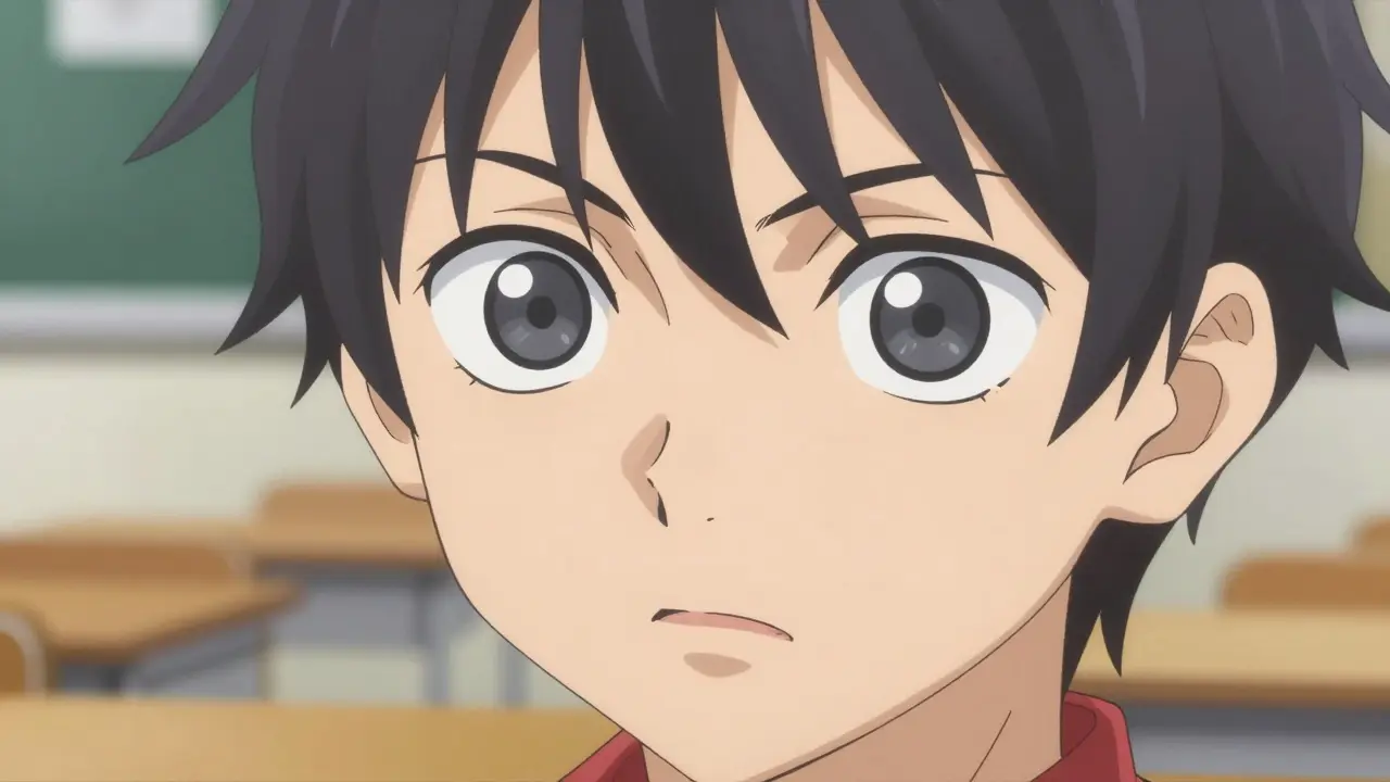 Anime close-up of a character with one eye drifting outward in a classroom