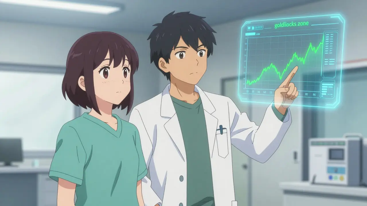 Anime doctor and patient reviewing a holographic blood concentration graph in a clinic.