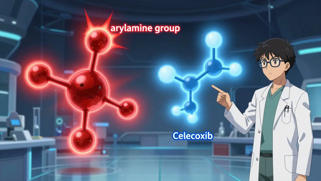 Anime illustration comparing a dangerous red chemical molecule and a safe blue one in a digital space.