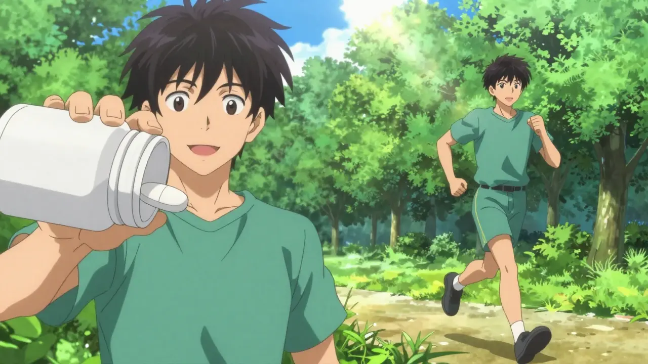 Anime split-screen showing a person taking medication and exercising in a sunny park