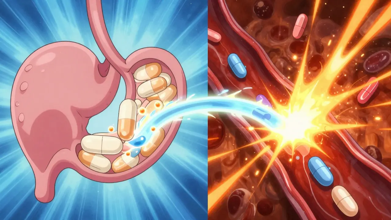 Anime split-screen showing pill dissolution and drug concentration levels in a blood vessel.