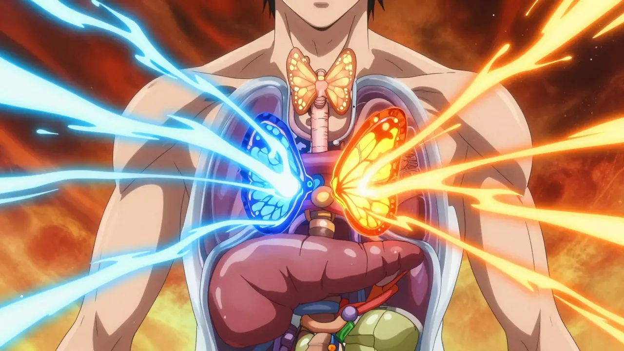 Anime visualization of the thyroid and pancreas connected by flowing energy streams.