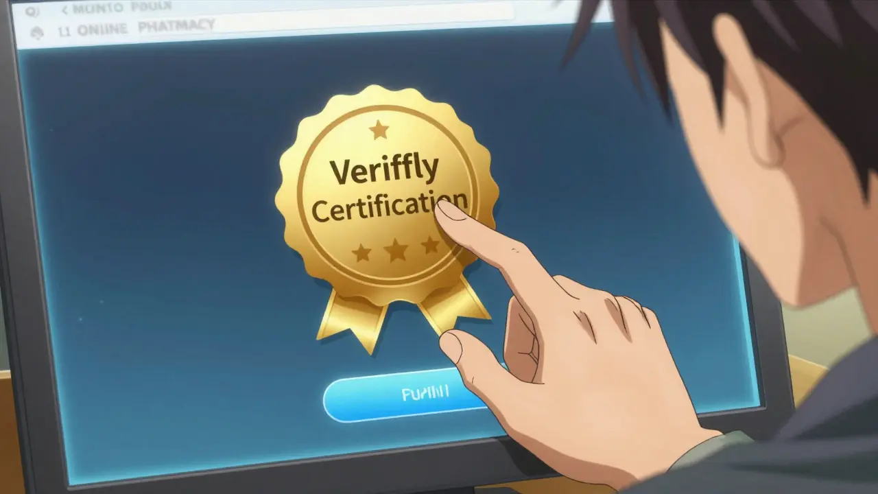 Close-up of a hand verifying a pharmacy certification seal on a digital screen in anime style