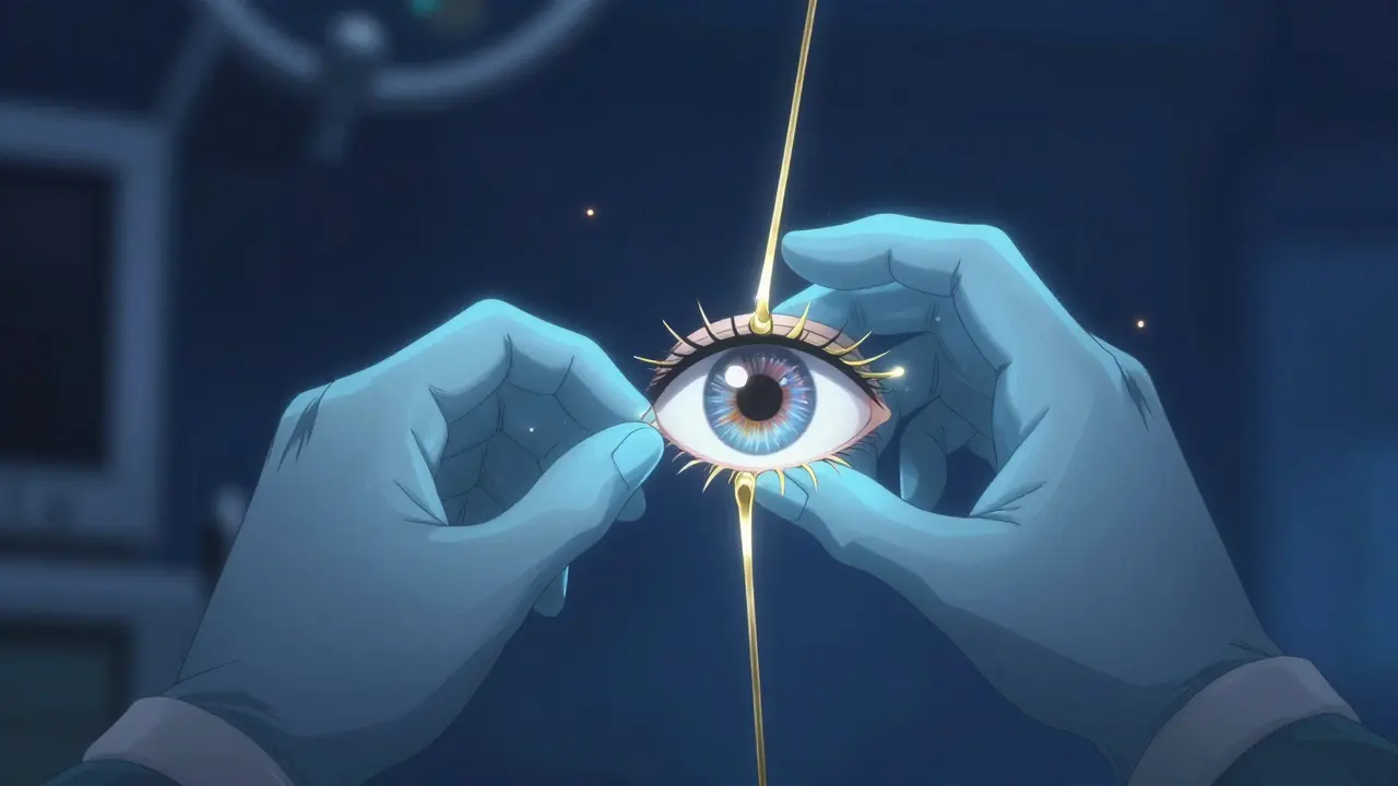 Conceptual anime art of glowing golden strings being adjusted to align an eye