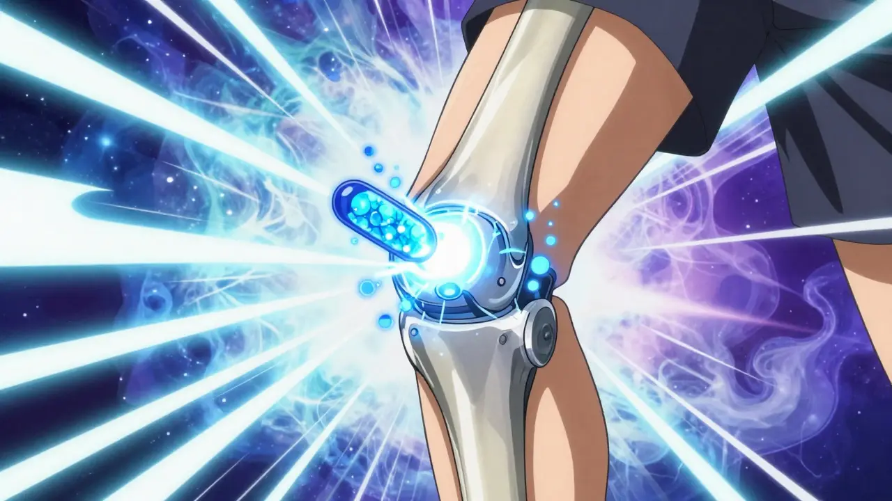 Conceptual anime depiction of joint inflammation being treated by blue energy particles.