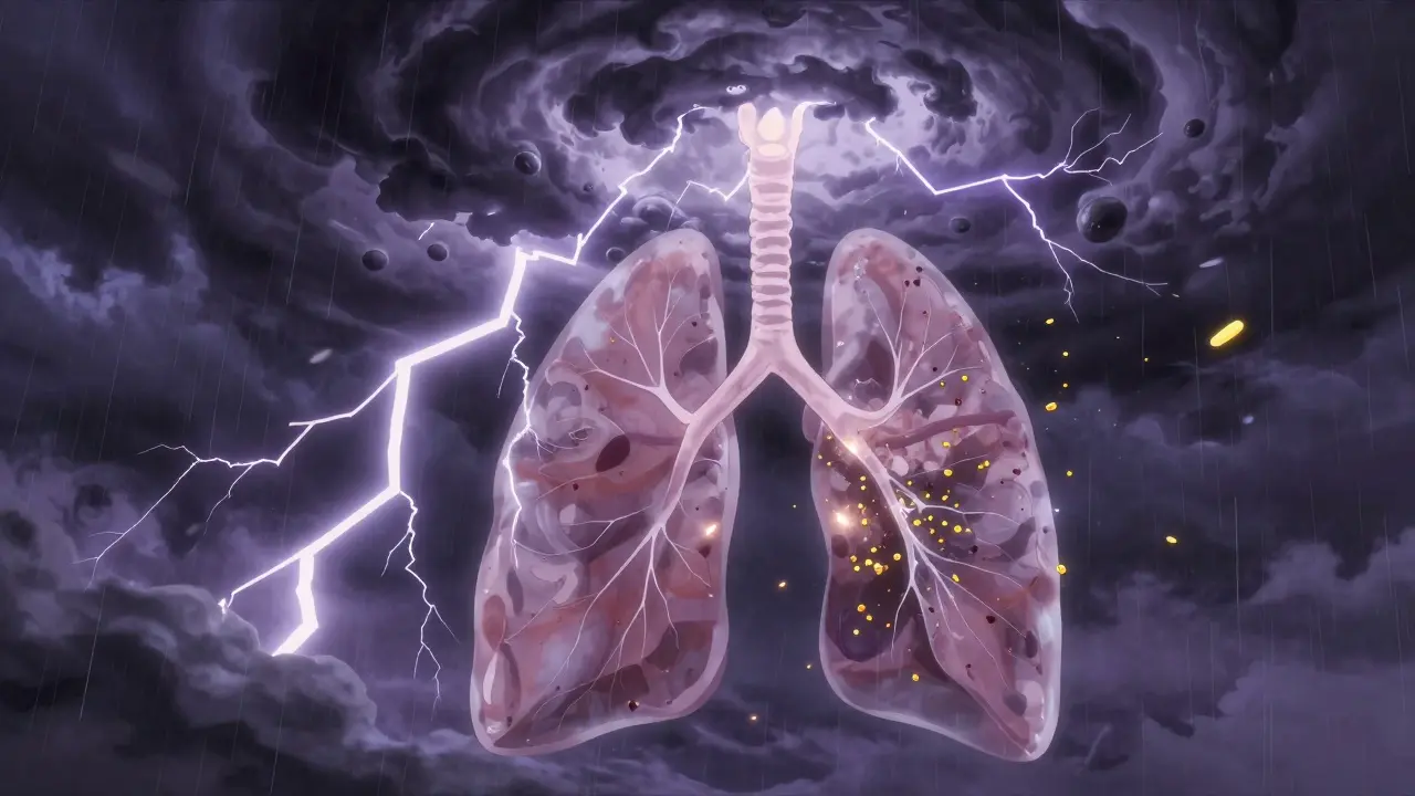 Dramatic thunderstorm with lightning and pollen grains breaking into smaller particles.