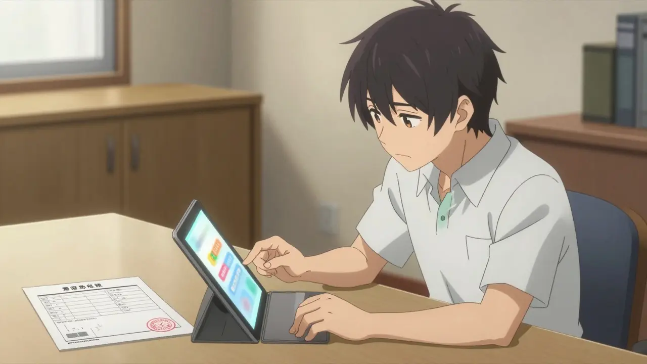 Person carefully comparing online pharmacies and checking a medical prescription.