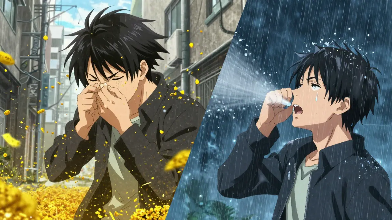Split screen showing a person struggling with wind-blown pollen and then feeling relief in the rain.