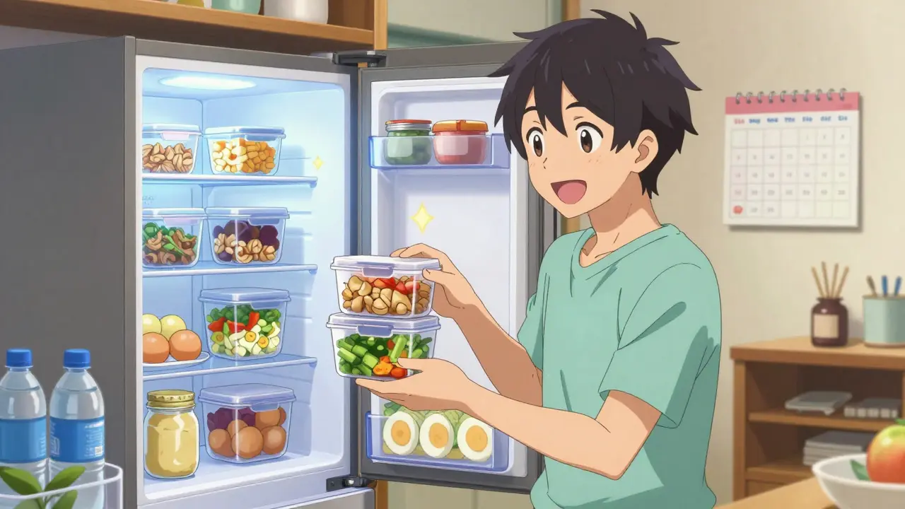 Anime character happily organizing high-protein snacks for weekly meal prep.