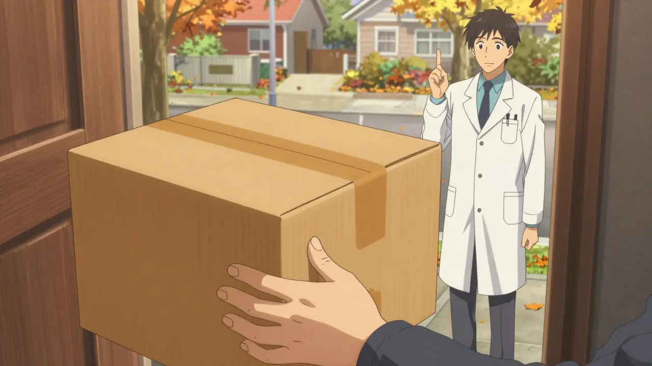 Anime character receiving a secure medication delivery box with a doctor in the background.