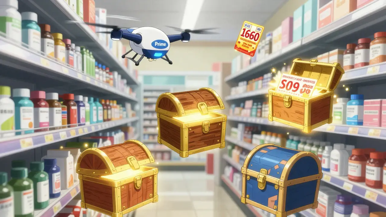 Anime scene showing delivery drones and discount coupons for meds