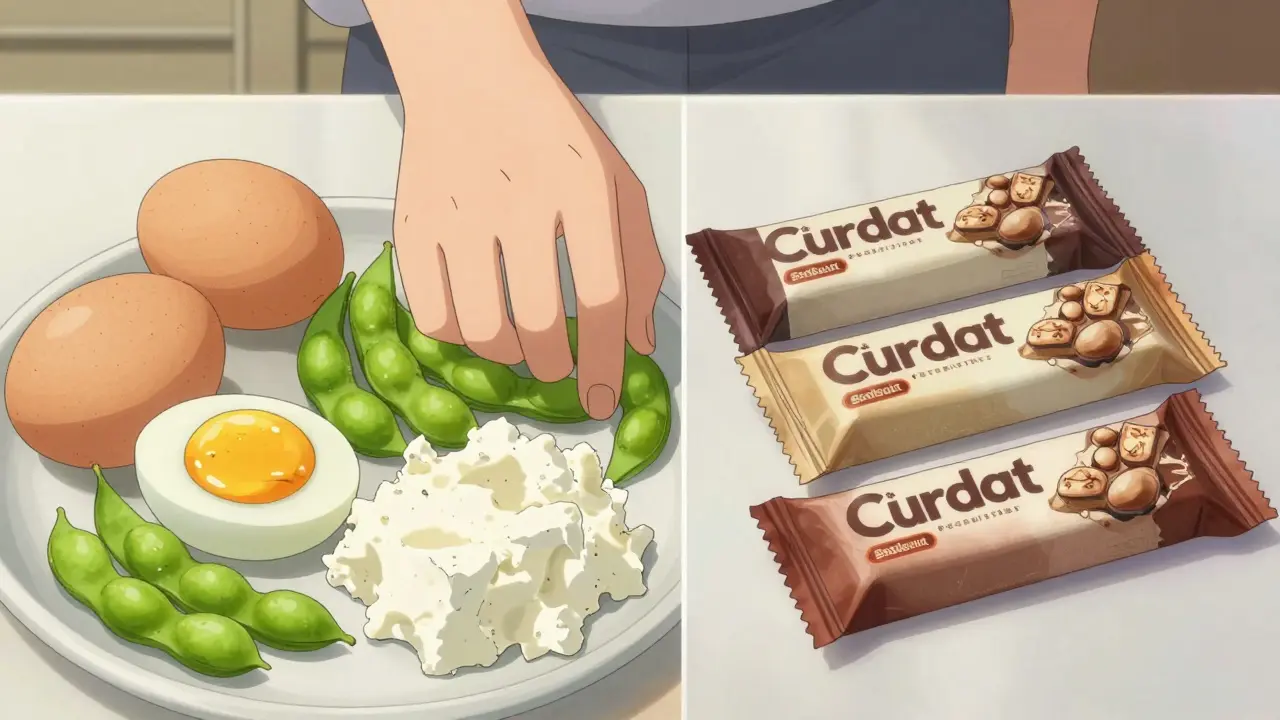 Anime style comparison of fresh whole-food snacks versus processed protein bars.