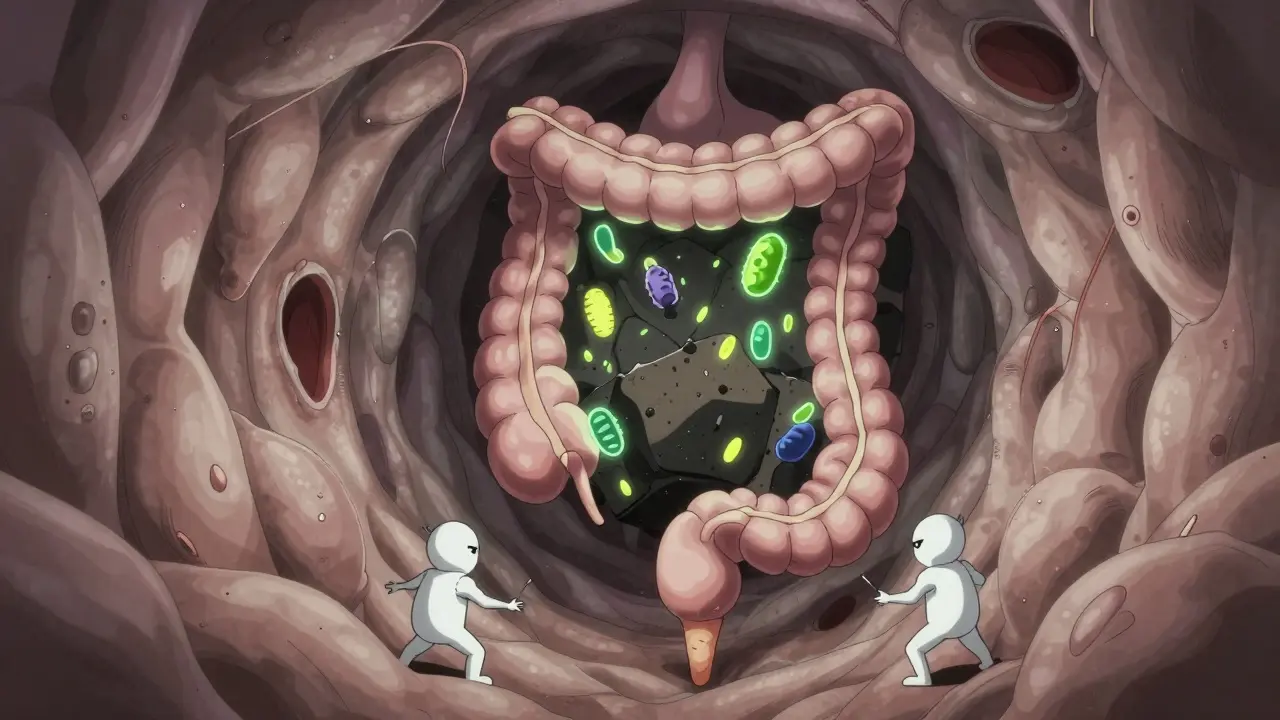 Conceptual anime illustration of inflamed colon pouches and bacterial infection