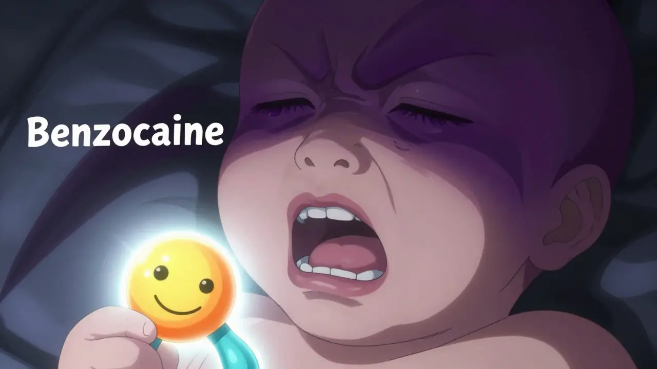Dark shadow looms over teething baby while safe glowing teether offers relief.