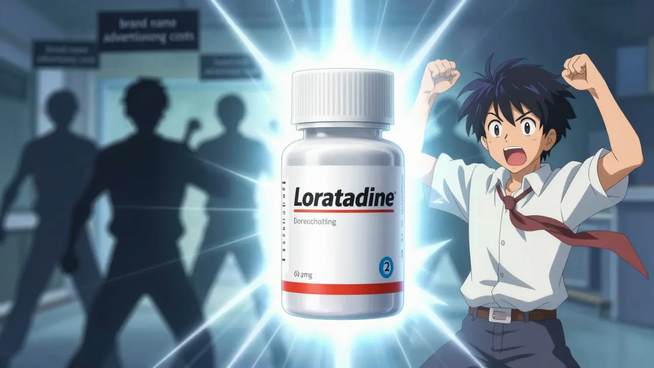 Generic loratadine bottle glowing with relief in anime style