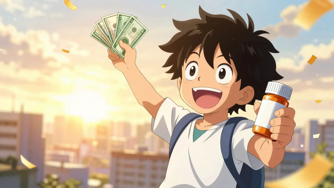 Happy anime character celebrating savings on medication with coupons