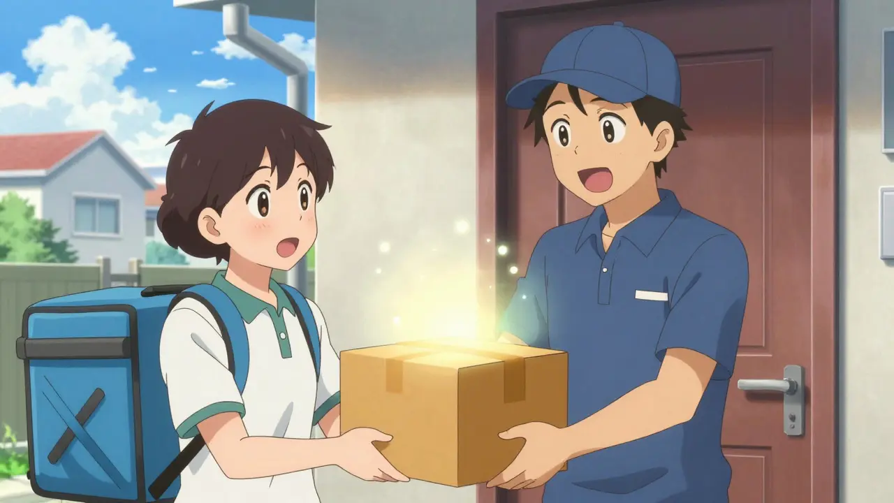 Happy character receiving medication package