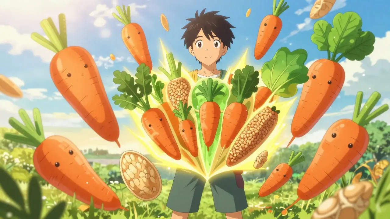 Healthy character surrounded by floating vegetables and grains in bright anime style